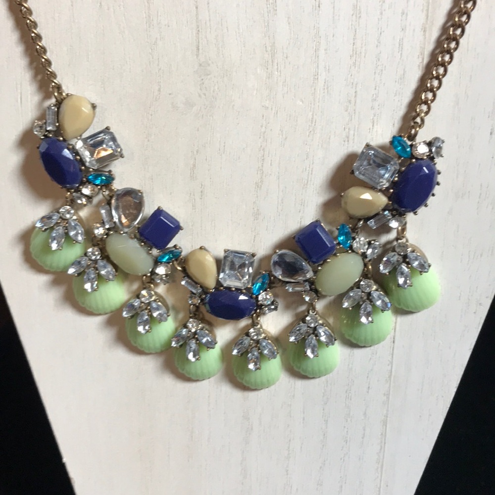 Statement necklace of green, blue, beige &crystal